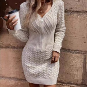 Embossed Zipper Casual Knitted Dress Women