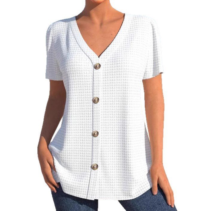 European And American Solid Color Buttons V-neck Short Sleeve Loose Casual Top - Image 6